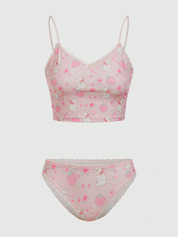 ROMWE Kawaii Conjunto De Lenceria De Encaje De Remiendo Con Impresion De Conejo Y Fresa Para Mujeres