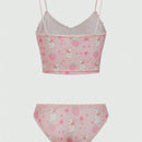 ROMWE Kawaii Conjunto De Lenceria De Encaje De Remiendo Con Impresion De Conejo Y Fresa Para Mujeres