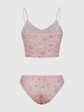 ROMWE Kawaii Conjunto De Lenceria De Encaje De Remiendo Con Impresion De Conejo Y Fresa Para Mujeres