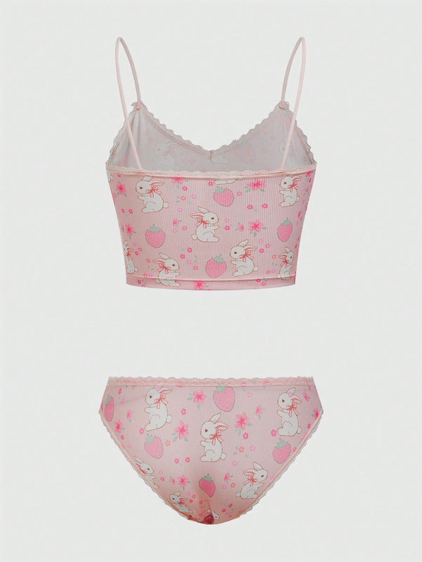 ROMWE Kawaii Conjunto De Lenceria De Encaje De Remiendo Con Impresion De Conejo Y Fresa Para Mujeres
