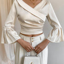 Prive Blusa Corta Con Cuello Cruzado, Mangas Acampanadas Y Cintura Ajustada Para Mujer