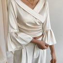 Prive Blusa Corta Con Cuello Cruzado, Mangas Acampanadas Y Cintura Ajustada Para Mujer