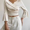 Prive Blusa Corta Con Cuello Cruzado, Mangas Acampanadas Y Cintura Ajustada Para Mujer