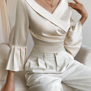 Prive Blusa Corta Con Cuello Cruzado, Mangas Acampanadas Y Cintura Ajustada Para Mujer