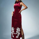 ROMWE PUNK Vestido con estampado de dragon chino de muslo con abertura de terciopelo sin guantes