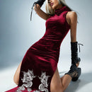 ROMWE PUNK Vestido con estampado de dragon chino de muslo con abertura de terciopelo sin guantes
