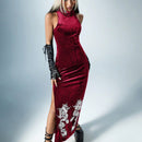 ROMWE PUNK Vestido con estampado de dragon chino de muslo con abertura de terciopelo sin guantes