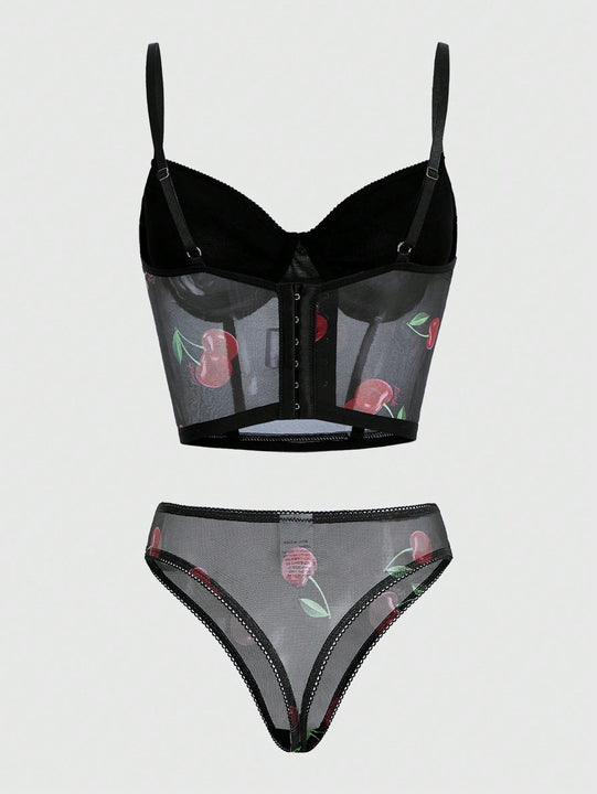 Conjunto De Tangas Y Brasier Con Aros De Malla Color Cereza