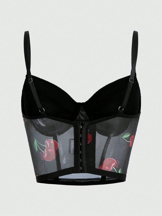 Conjunto De Tangas Y Brasier Con Aros De Malla Color Cereza