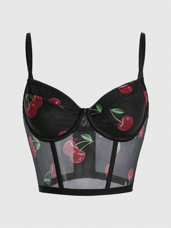 Conjunto De Tangas Y Brasier Con Aros De Malla Color Cereza