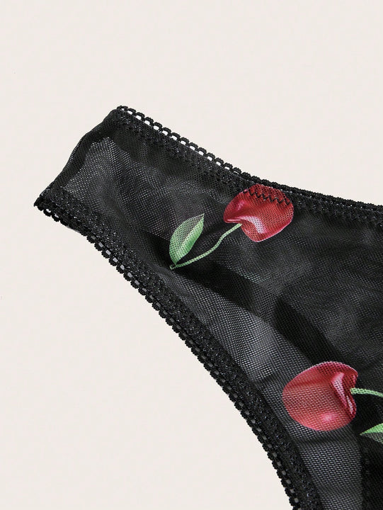 Conjunto De Tangas Y Brasier Con Aros De Malla Color Cereza