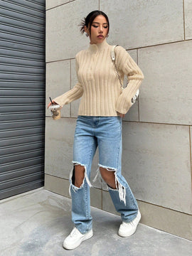 EZwear Sueter Casual De Punto Con Botones De Color Liso Para Mujer Con Dobladillo Acanalado