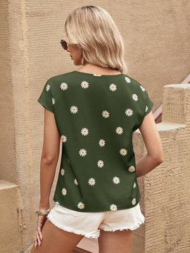Camisa De Manga Corta Y Cuello Redondo Para Mujer Con Estampado Floral