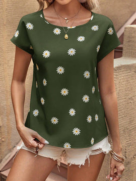 Camisa De Manga Corta Y Cuello Redondo Para Mujer Con Estampado Floral