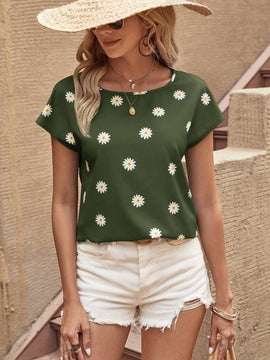 Camisa De Manga Corta Y Cuello Redondo Para Mujer Con Estampado Floral