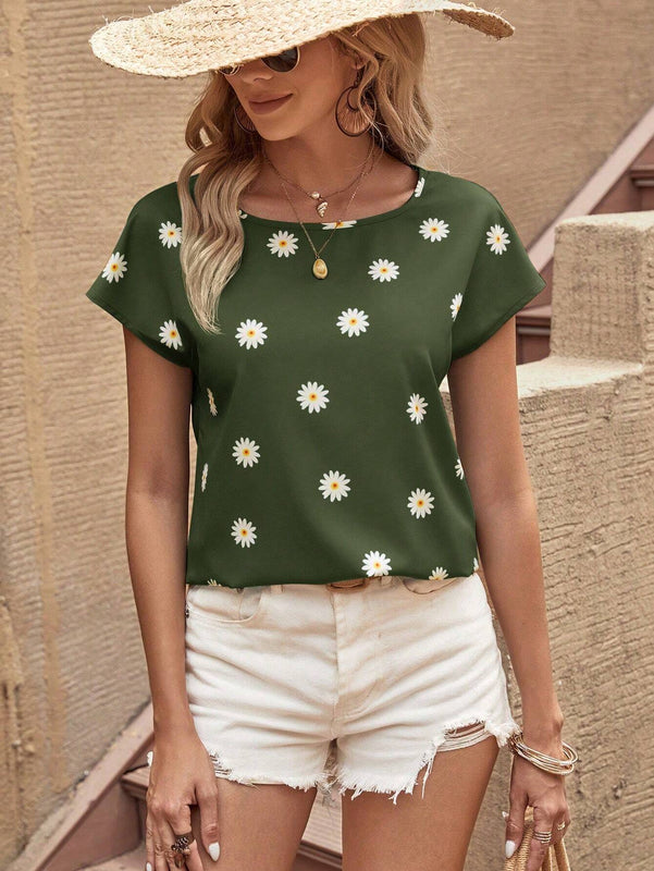 Camisa De Manga Corta Y Cuello Redondo Para Mujer Con Estampado Floral
