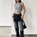 EZwear Top Corto De Punto Gris Para Mujer Con Dobladillo Estilo Lechuga