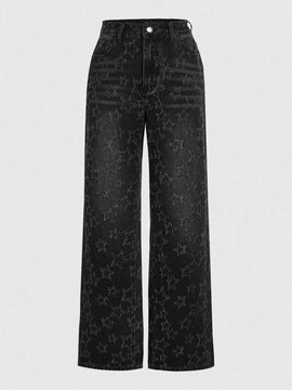 ROMWE Avant Jeans De Mezclilla De Pernera Ancha Y Talle Alto Para Mujer Con Adorno De Estrella De Diamantes De Imitacion