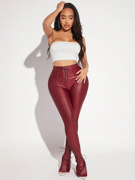 SXY Pantalones ajustados con cordon delantero bajo con abertura PU