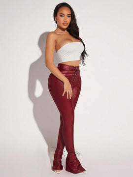 SXY Pantalones ajustados con cordon delantero bajo con abertura PU