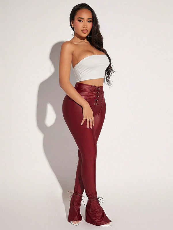 SXY Pantalones ajustados con cordon delantero bajo con abertura PU