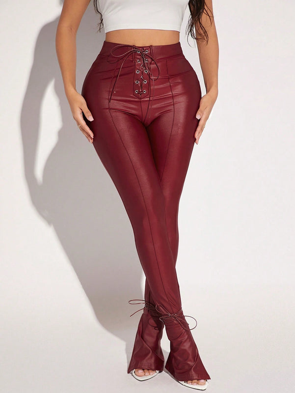 SXY Pantalones ajustados con cordon delantero bajo con abertura PU