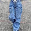 Pantalones Jeans Holgados De Tiro Alto Con Cordon Elastico En La Cintura
