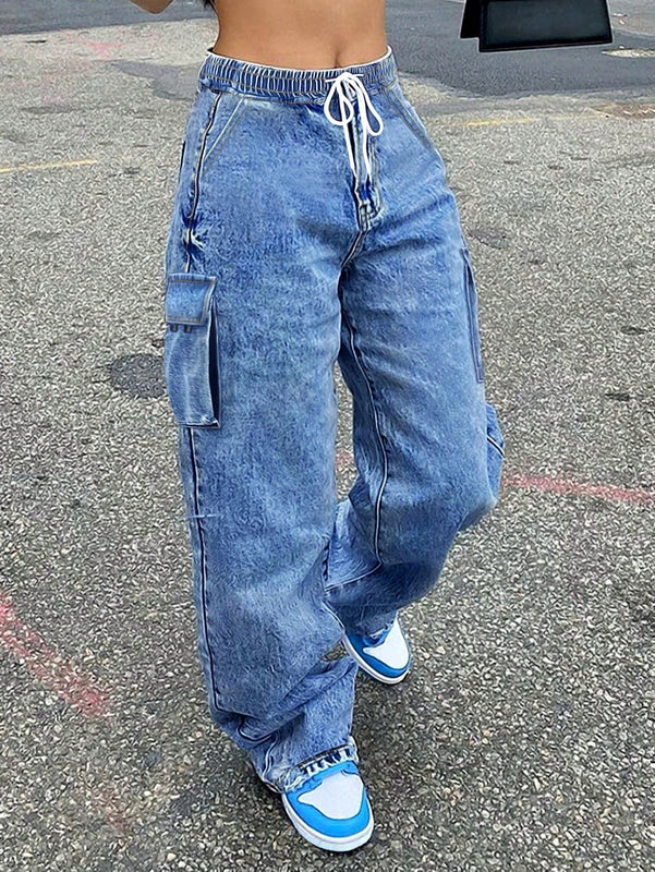 Pantalones Jeans Holgados De Tiro Alto Con Cordon Elastico En La Cintura