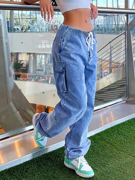 Pantalones Jeans Holgados De Tiro Alto Con Cordon Elastico En La Cintura