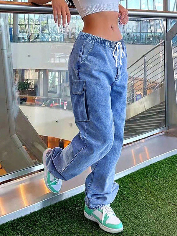Pantalones Jeans Holgados De Tiro Alto Con Cordon Elastico En La Cintura