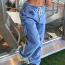 Pantalones Jeans Holgados De Tiro Alto Con Cordon Elastico En La Cintura