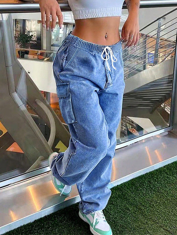 Pantalones Jeans Holgados De Tiro Alto Con Cordon Elastico En La Cintura