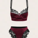 ROMWE Goth Conjunto De Encaje Y Terciopelo De Bra Y Calzoncillos Para Mujer