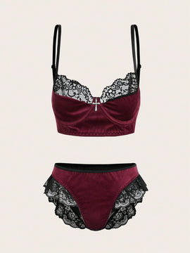 ROMWE Goth Conjunto De Encaje Y Terciopelo De Bra Y Calzoncillos Para Mujer