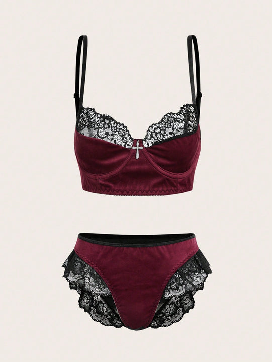 ROMWE Goth Conjunto De Encaje Y Terciopelo De Bra Y Calzoncillos Para Mujer