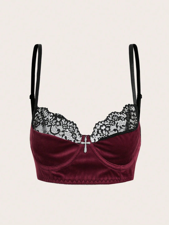 ROMWE Goth Conjunto De Encaje Y Terciopelo De Bra Y Calzoncillos Para Mujer
