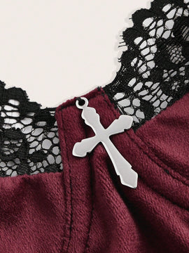 ROMWE Goth Conjunto De Encaje Y Terciopelo De Bra Y Calzoncillos Para Mujer