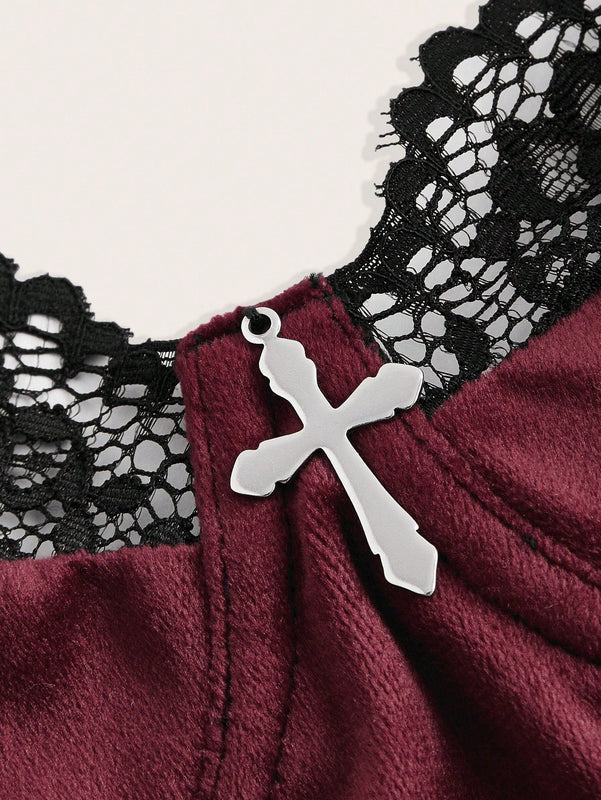 ROMWE Goth Conjunto De Encaje Y Terciopelo De Bra Y Calzoncillos Para Mujer