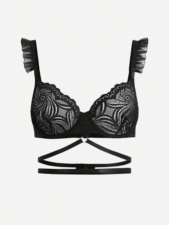 Sujetador De Lenceria De Malla Y Encaje Con Empalmes Y Huecos