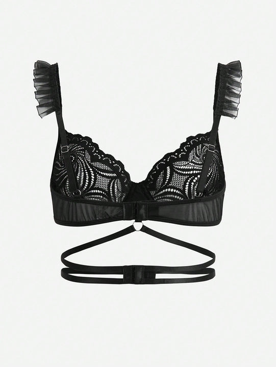 Sujetador De Lenceria De Malla Y Encaje Con Empalmes Y Huecos