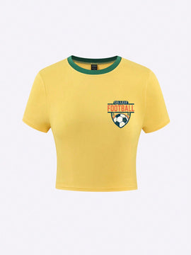 Camiseta De Manga Corta Impresa Con Letras Y Futbol Para Mujer