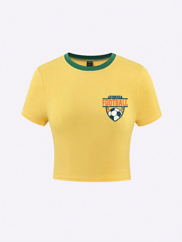 Camiseta De Manga Corta Impresa Con Letras Y Futbol Para Mujer