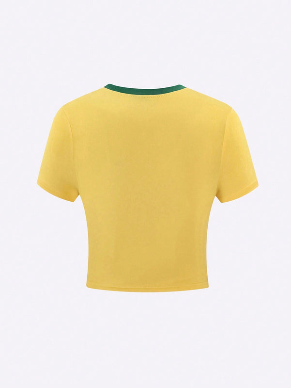 Camiseta De Manga Corta Impresa Con Letras Y Futbol Para Mujer