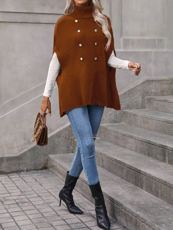 LUNE Jersey De Punto De Ochos Alto Para Mujer Con Mangas Tipo Capa Y Parte Delantera Con Doble Botonadura