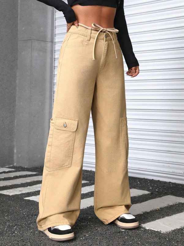 EZwear Jeans De Carga Con Cinturon En Color Solido Para Mujer