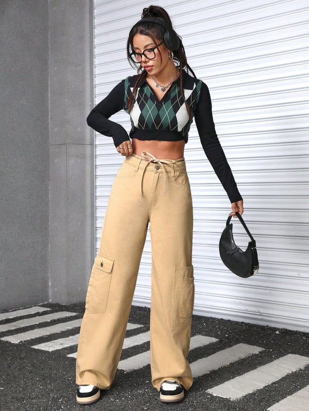 EZwear Jeans De Carga Con Cinturon En Color Solido Para Mujer