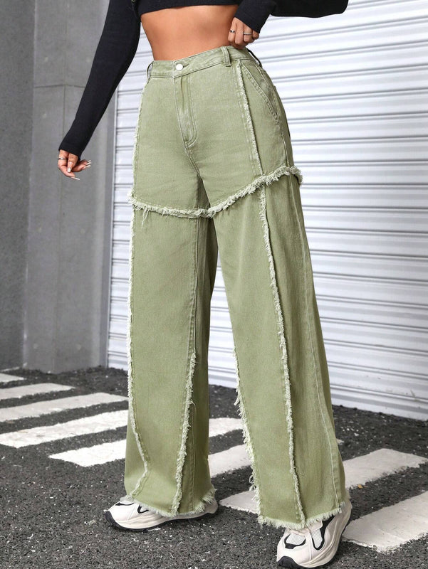 EZwear Pantalones Jeans Acampanados De Cintura Alta Con Dobladillo Deshilachado