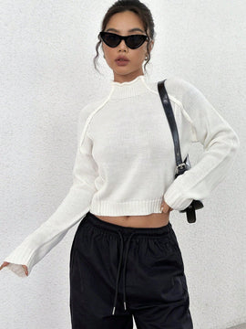 EZwear Sueter Corto Con Cuello Levantado Y Manga Raglan De Color Liso Para Mujer