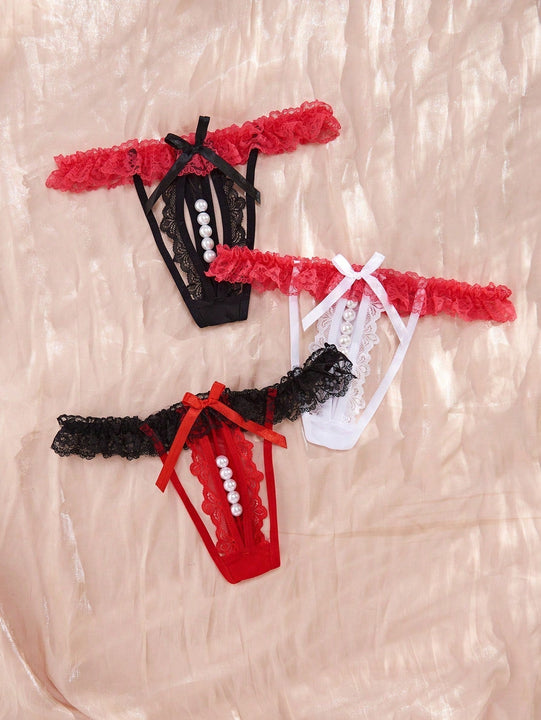 Classic Sexy 3 Piezas/Conjunto Ropa Interior Sexy Decorada Con Perlas