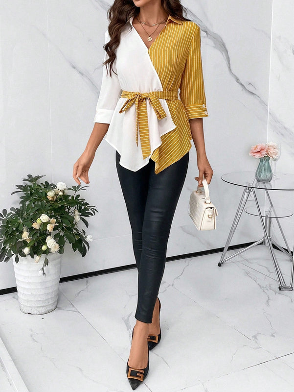 Clasi Camisa A Rayas Con Panel De Cinturon